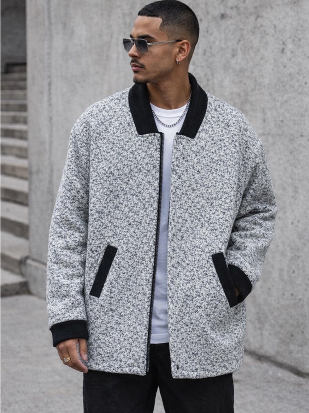 GUESS Gray Textured Wool Blend Coat Oversized Minimalist Jacket